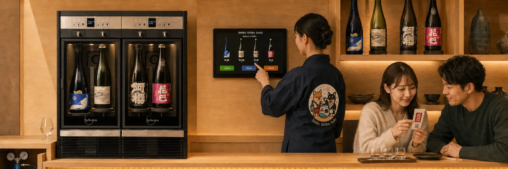 Shiba Shiba staff leading a guided sake tasting in front of the dispensing system